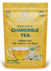 HYLEYS front box showing organic chamomile tea and clear labeling benefit clarity