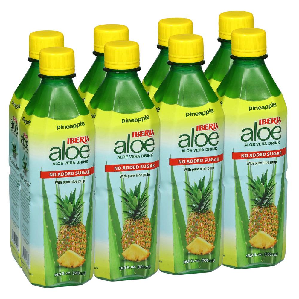 Iberia front pack of eight pineapple aloe bottles showing convenient supply