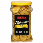 Iberia garlic plantain chips front jar shows label and size, ideal pantry snack