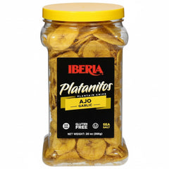 Iberia garlic plantain chips front jar shows label and size, ideal pantry snack