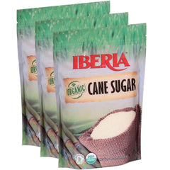 Iberia organic cane sugar front packaging showing brand and resealable bag, ensures freshness
