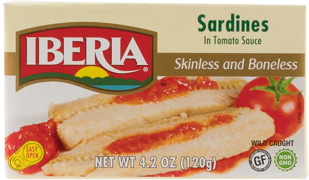 Iberia sardines front can showing pull-top and ready-to-eat protein
