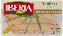 Iberia skinless and boneless sardines front packaging showing can label and pull-top lid for easy use