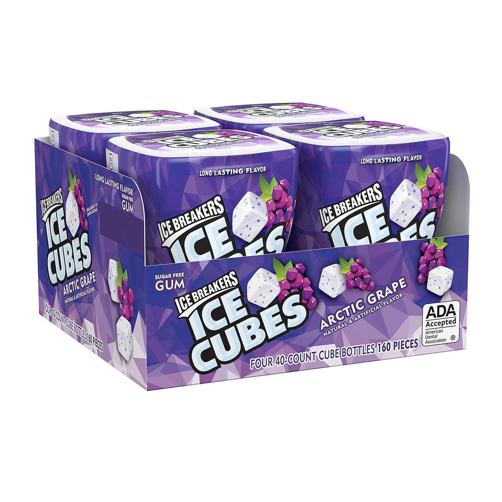 Ice Breakers bottle front showing Arctic Grape cubes and easy cup-holder fit for fresh breath
