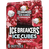 Ice Breakers front packaging showing six cinnamon gum bottles and bold branding benefit convenience