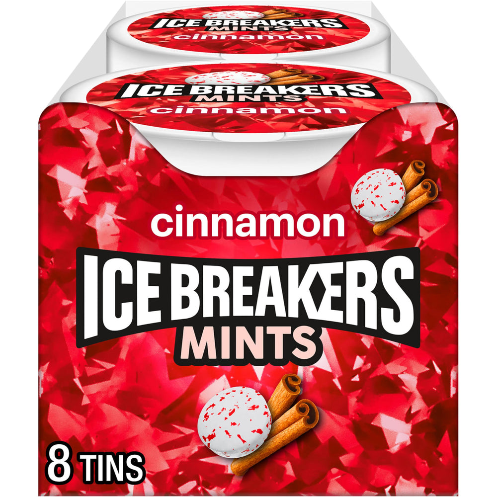 Ice Breakers front tin showing cinnamon label and compact design for convenience