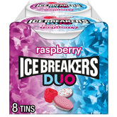 Ice Breakers Duo front tin showing raspberry-mint label and portable design benefit