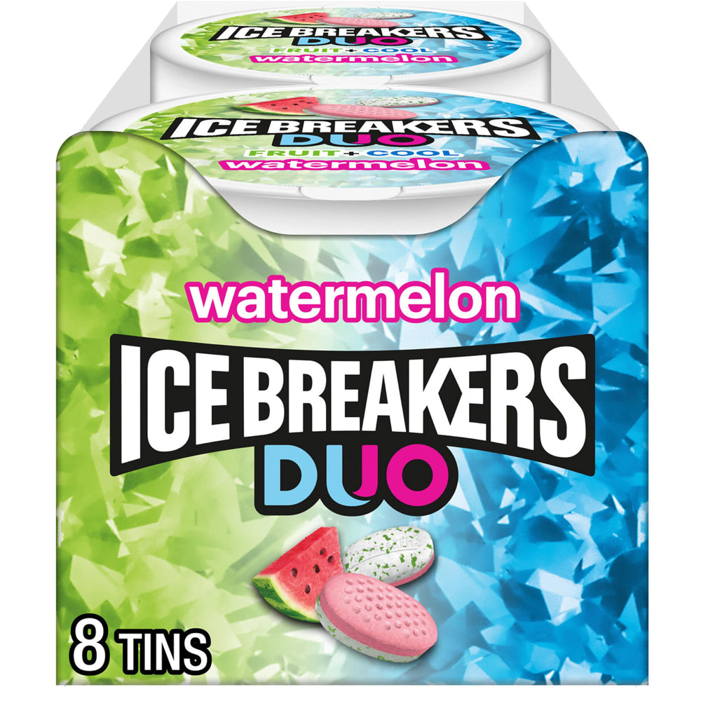 Ice Breakers Duo front tin showing watermelon label and portable design benefit