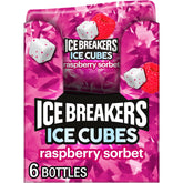Ice Breakers front packaging showing six raspberry sorbet cube bottles for easy stocking
