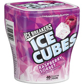 Ice Breakers front pack showing raspberry sorbet cubes and resealable container benefit convenience