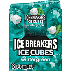 Ice Breakers front packaging showing six wintergreen gum bottles for convenient freshness