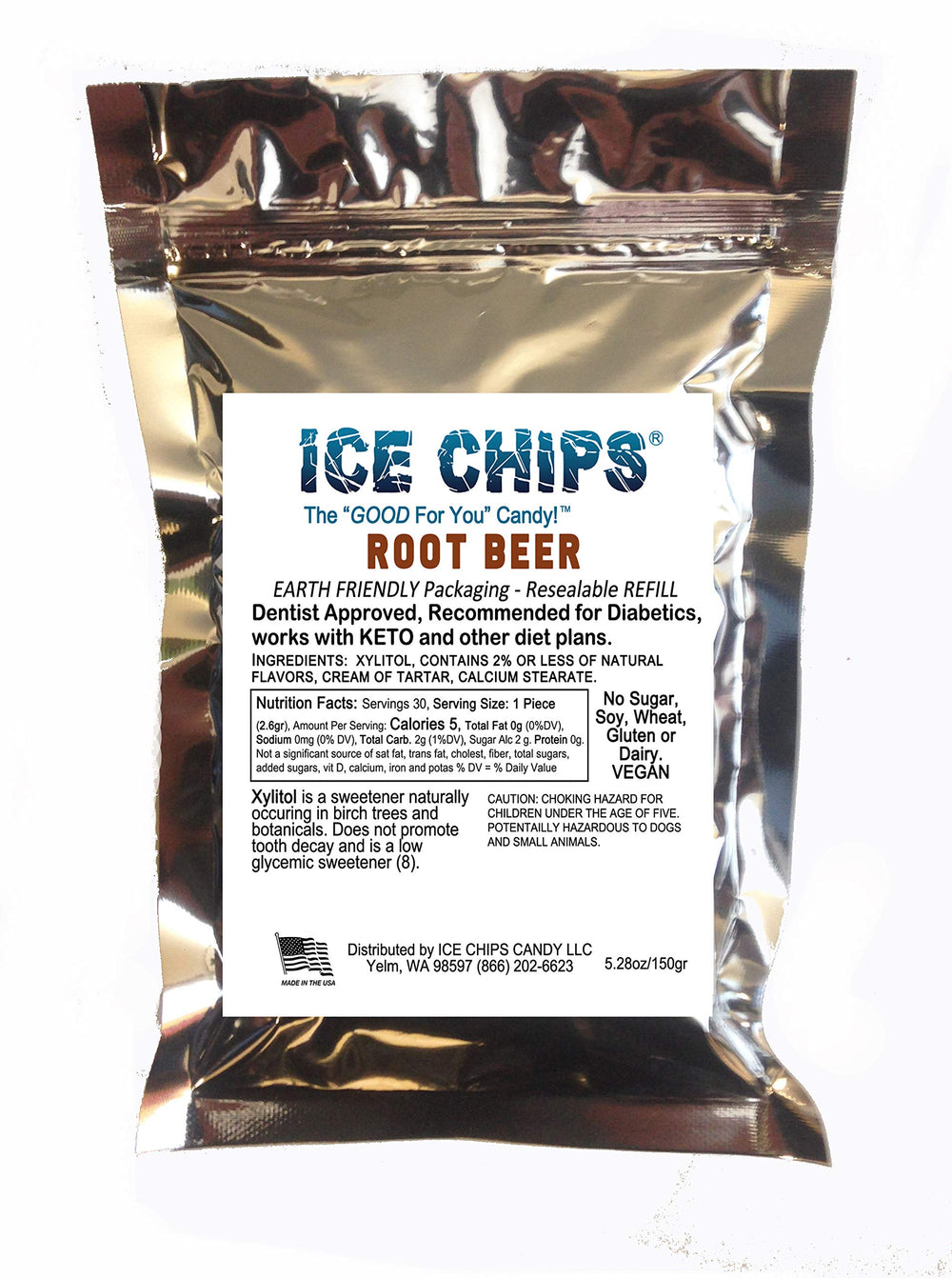 ICE CHIPS root beer front packaging showing resealable pouch for freshness