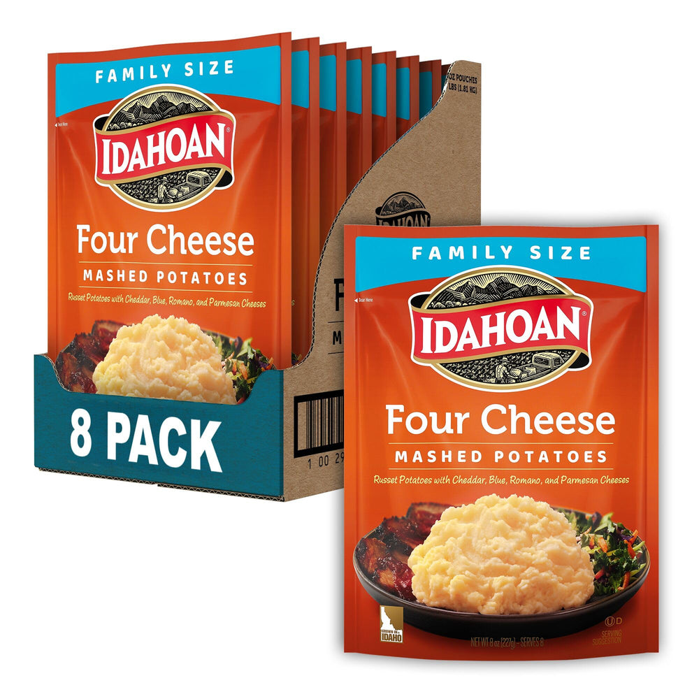 Idahoan front packaging showing four cheese mash and family pack benefit