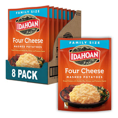 Idahoan front packaging showing four cheese mash and family pack benefit