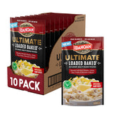 Idahoan front packaging showing loaded baked mashed potatoes, convenient pantry-ready