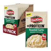 Idahoan front packaging showing roasted garlic flavor and 10-pack convenience
