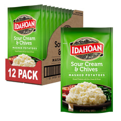 Idahoan front packaging showing Sour Cream & Chives and benefits
