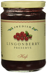 IKEA Hafi lingonberry preserves jar front view showing label and serving suggestion
