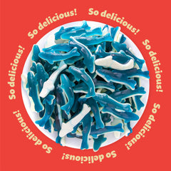 ILIKE! close-up of gummy shark texture showing chewy, soft candy mouthfeel