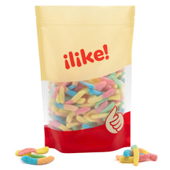 ILIKE! bowl of neon gummy worms on table showing shareable snack benefit