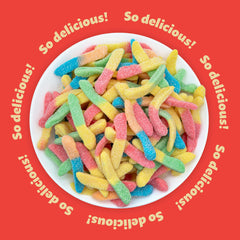 ILIKE! hand holding gummy worm beside ruler for scale showing portion size benefit