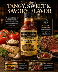 ILIOS Peter Luger pouring sauce showing rich texture and horseradish flecks for flavor clarity