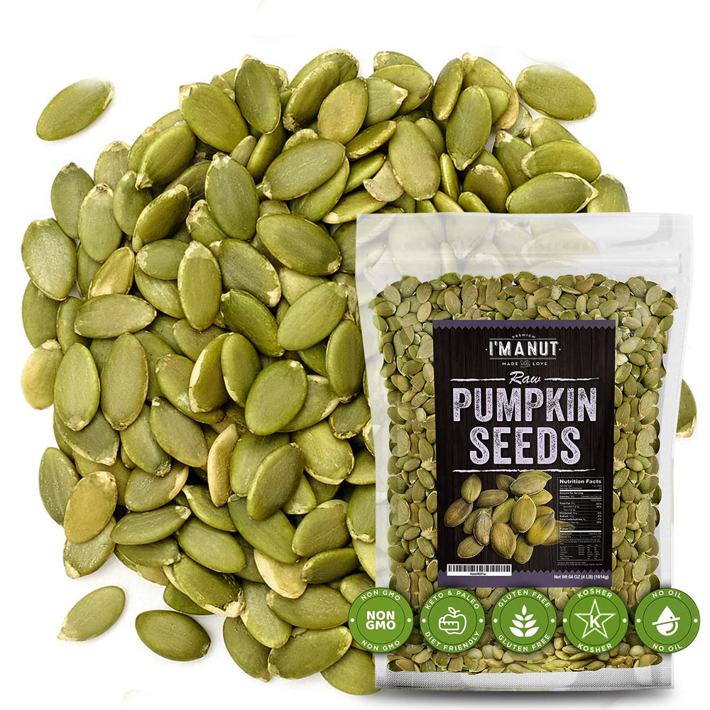 I'm A Nut front pouch showing 4 lb raw pepitas and resealable pack benefits