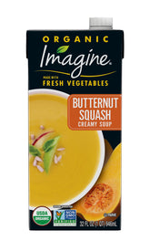 Imagine front packaging of butternut squash soup showing label and benefits