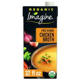 Imagine organic free range chicken broth front packaging showing pack of six for pantry convenience