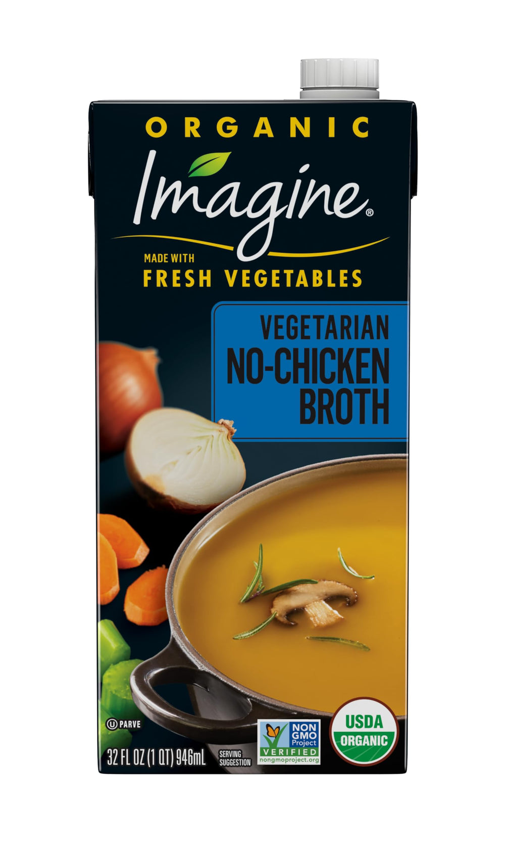 Imagine no-chicken broth pack front shows six cartons and clear organic branding for quick selection
