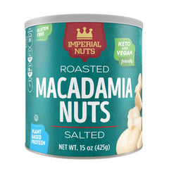 Imperial Nuts front tin view showing branding and resealable lid, keeps nuts fresh