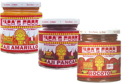 Inca's Food front packaging showing three aji paste jars and visible labels for easy selection