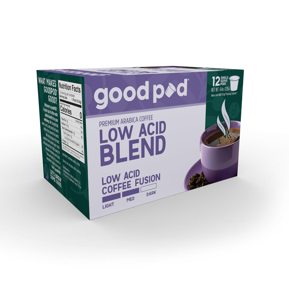 INDEPENDENCE COFFEE CO. front packaging showing goodPOD low acid 12-count benefits