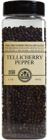 India Tree front packaging jar shows premium Tellicherry pepper and clear label benefit