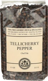 India Tree front packaging displaying 11 oz Tellicherry peppercorns and clear branding benefits flavor