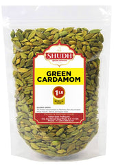Indian Spice front packaging showing 1 lb green cardamom and clear labeling, highlights freshness
