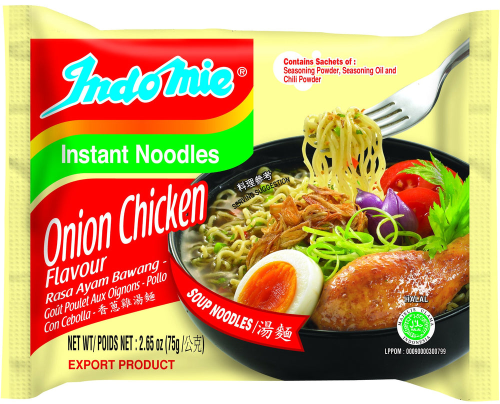 Indomie front pack showing Ayam Bawang flavor and quick-cooking benefit