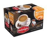 Indulgio front packaging shows 12-count cups and flavor, ideal for quick creamy cappuccinos