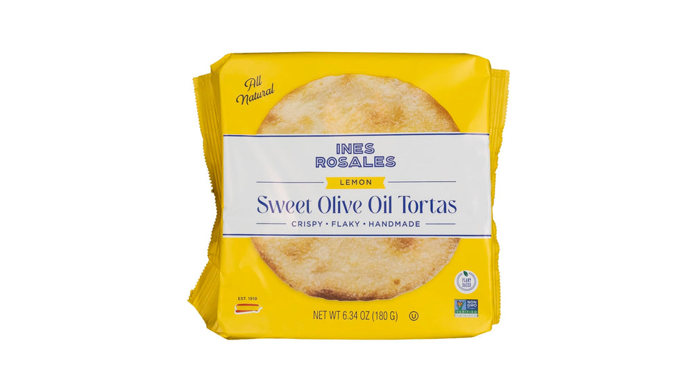 Ines Rosales front packaging showing 6.34 oz lemon tortas and brand benefits