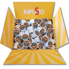 InfuSio pod close-up revealing foil top and clear branding for fresh brews