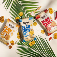 Inka Crops open bag revealing stacked plantain chips for immediate snacking convenience