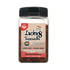 Inspiration Spice jar front label showing Lucky 8 Togarashi and benefits