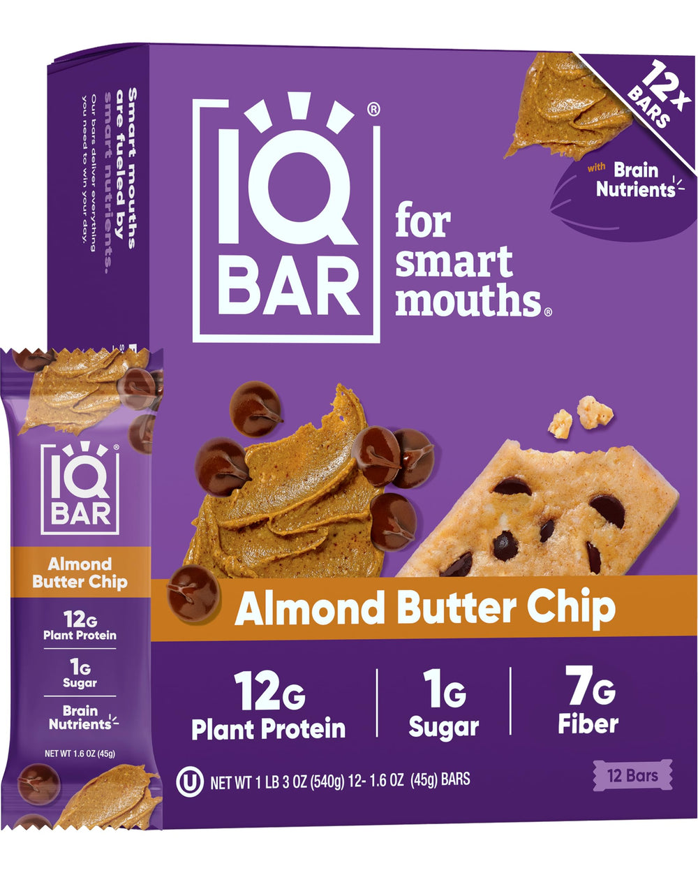 IQBAR front packaging showing almond butter chip flavor and clean-label benefits