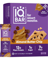 IQBAR front packaging showing almond butter chip flavor and clean-label benefits
