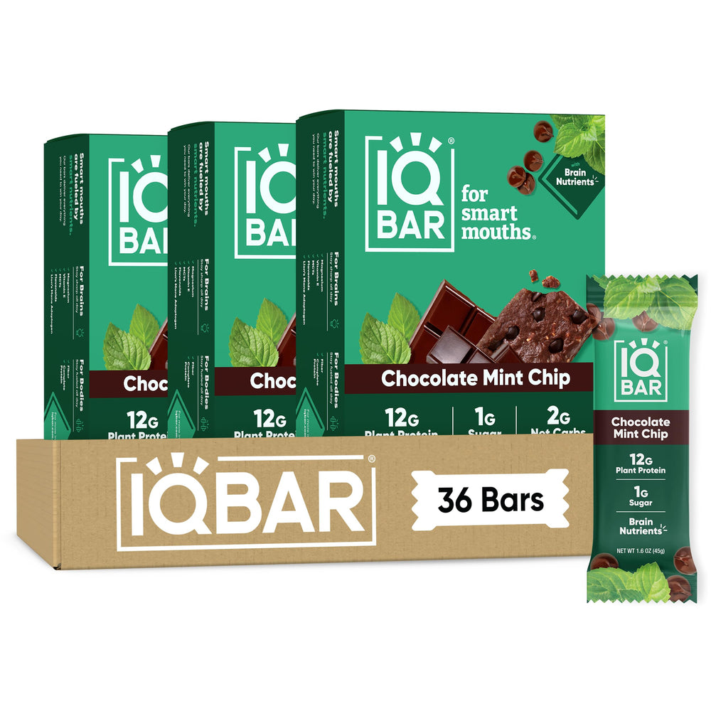 IQBAR front packaging showing Chocolate Mint Chip and low sugar benefits