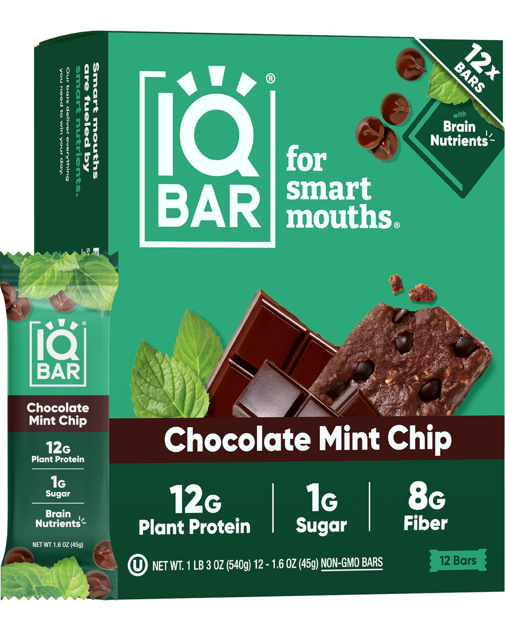 IQBAR front packaging showing Chocolate Mint Chip and low-sugar benefit