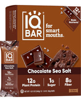 IQBAR front packaging showing Chocolate Sea Salt and low sugar benefit