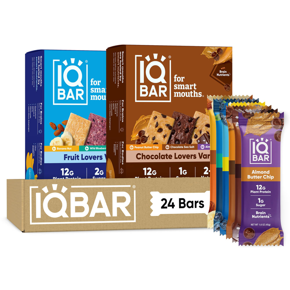 IQBAR front packaging Fruit + Chocolate 24-count showing product variety and convenience