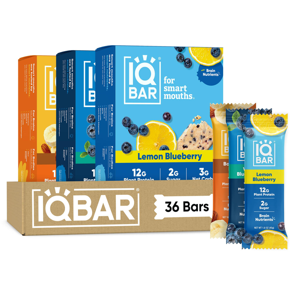 IQBAR front packaging showing 36-count variety pack and clean-label benefits
