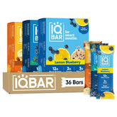 IQBAR front packaging showing 36-count variety pack and clean-label benefits